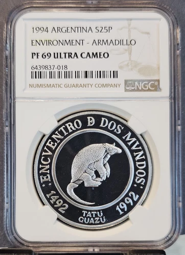 1994 ARGENTINA SILVER 25 PESOS S25P ARMADILLO NGC PF 69 ULTRA CAMEO TOP POP