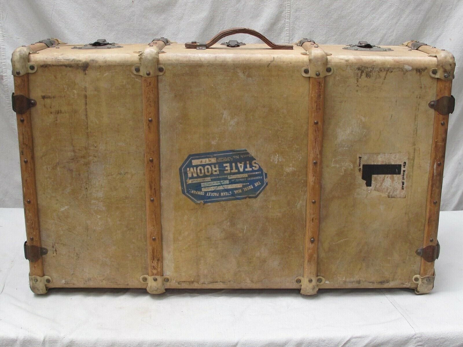 Antique Vellum Steamer Trunk, circa 1890 Hard Case, Wood Bands Stickers