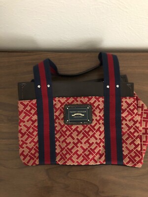 TOMMY HILFIGER Tote Bag Red Monogramed Canvas Purse With Leather Trim