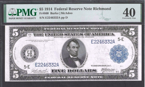1914 $5 RICHMOND FEDERAL RESERVE NOTE FR 860 ~ LOVELY PMG EXTREMELY FINE 40