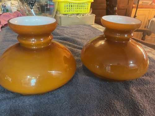 Pair Vintage Carmel Cased Glass Student Hurricane Oil Lamp Shades 5.25” Fitter - Picture 3 of 8