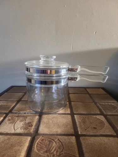 VTG Pyrex Flameware Clear Glass Double Boiler Pot Pan With Lid 1 -1/2 Qt. #6283