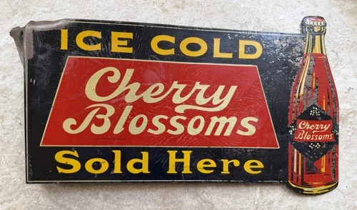 Vintage 1920’s Cherry Blossoms Soda Tin Embossed Metal Sign w Bottle
