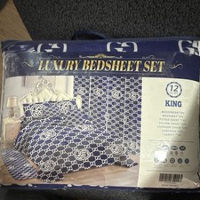King 12-Piece Sheet Set Blue White Geometric Pattern with Pillowcases