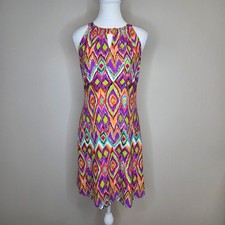 Jude Connally Womens Ikat Print Halter Keyhole Dress Purple Green Orange Small