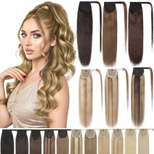 100 Real Human Hair Ponytail Extensions Wrap Around Clip In Straight Hairpiece