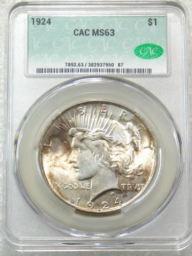 1924 Peace Dollar CACG MS63 CAC Frosty Just Graded New Holder #A283B