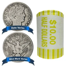Roll of 20 - $10 Face Value Full Dates 90% Barber Half Dollars