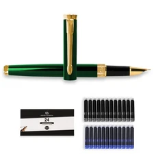 Fine Nib Fountain Pen - Includes 24 Ink Cartridges - 12 Black and 12 Blue - E...
