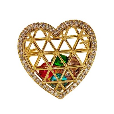Gorgeous Golden Metallic Woven Hollow Heart Cage Brooches with Shaked Colored St