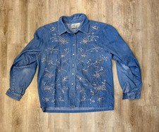 VTG Koret City Floral Embroidered Beaded Denim Jean Button Up Top SZ L