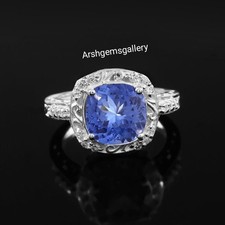 AAA Flawless Ceylon Blue Sapphire Ring: 925 Sterling Silver Cushion Cut Ring