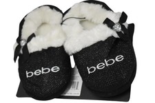 Bebe Girls Shoes Girls Size 7/8 Black Glitter Slippers Faux Fur Bow Cozy House