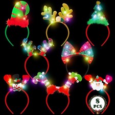 8 Pack Christmas Light Up Headband Santa Hat Bow Hair Hoop for Party Favors