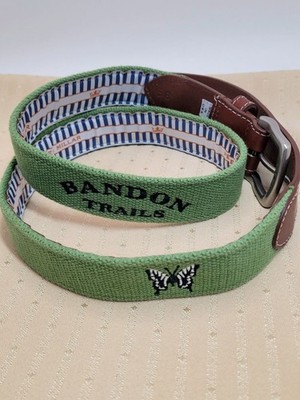 Peter Millar Bandon Trails Golf Belt Size 38 Canvas Leather Butterfly Logo Green