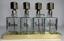 Vintage Glass Liquor Pump Decanters Lucite Spins Barware Cocktail 4 Tray Gold