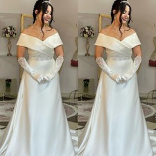Elegant Wedding Dress Off Shoulder Beading Satin A Line Sweep Train Bridal Gown