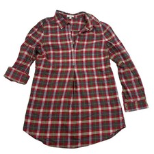 TYLER BOE Red Plaid Flannel Popover Tunic Blouse Roll Tab Sleeve Collared Sz S