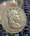 1949 Philadelphia Mint Silver Franklin Half Dollar, 90% Silver Coin, Super Shiny