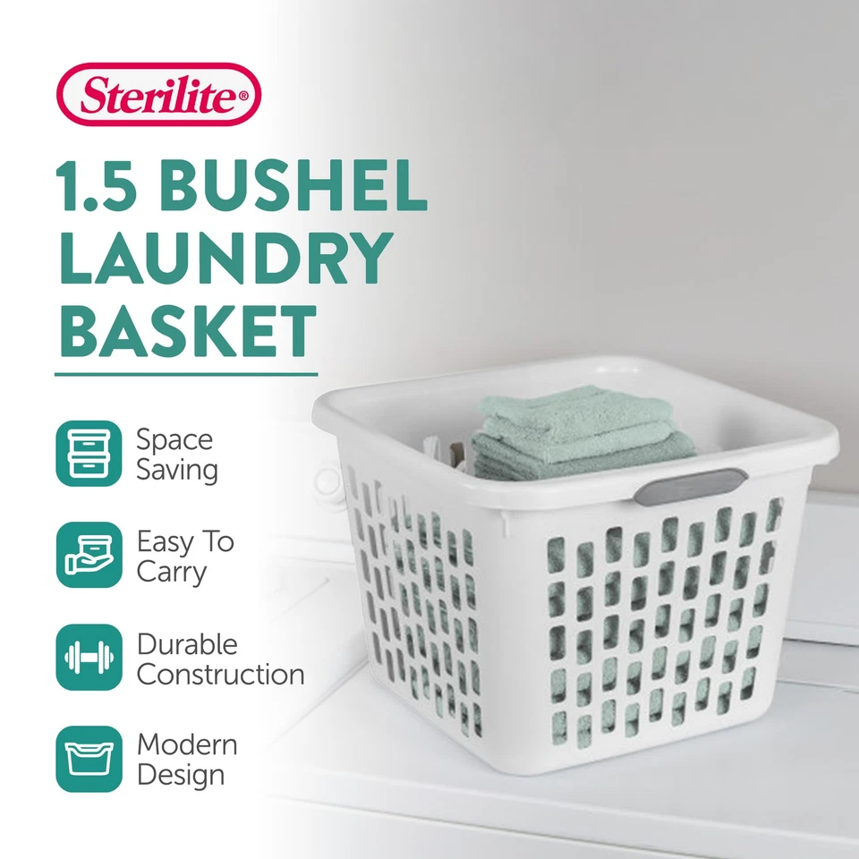 Sterilite Laundry Basket, 1.5 Bushel Plastic Hamper with Handles, White, 18 Pack - Image 2 of 4