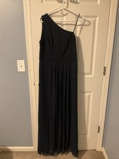 Navy Blue Dress Long Size 14 Adriana Papell One Shoulder Chiffon Gown Formal