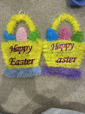  2 NEW TINSEL HAPPY EASTER OR SPRING WALL OR DOOR EASTER BASKET FILLED W EGGS 