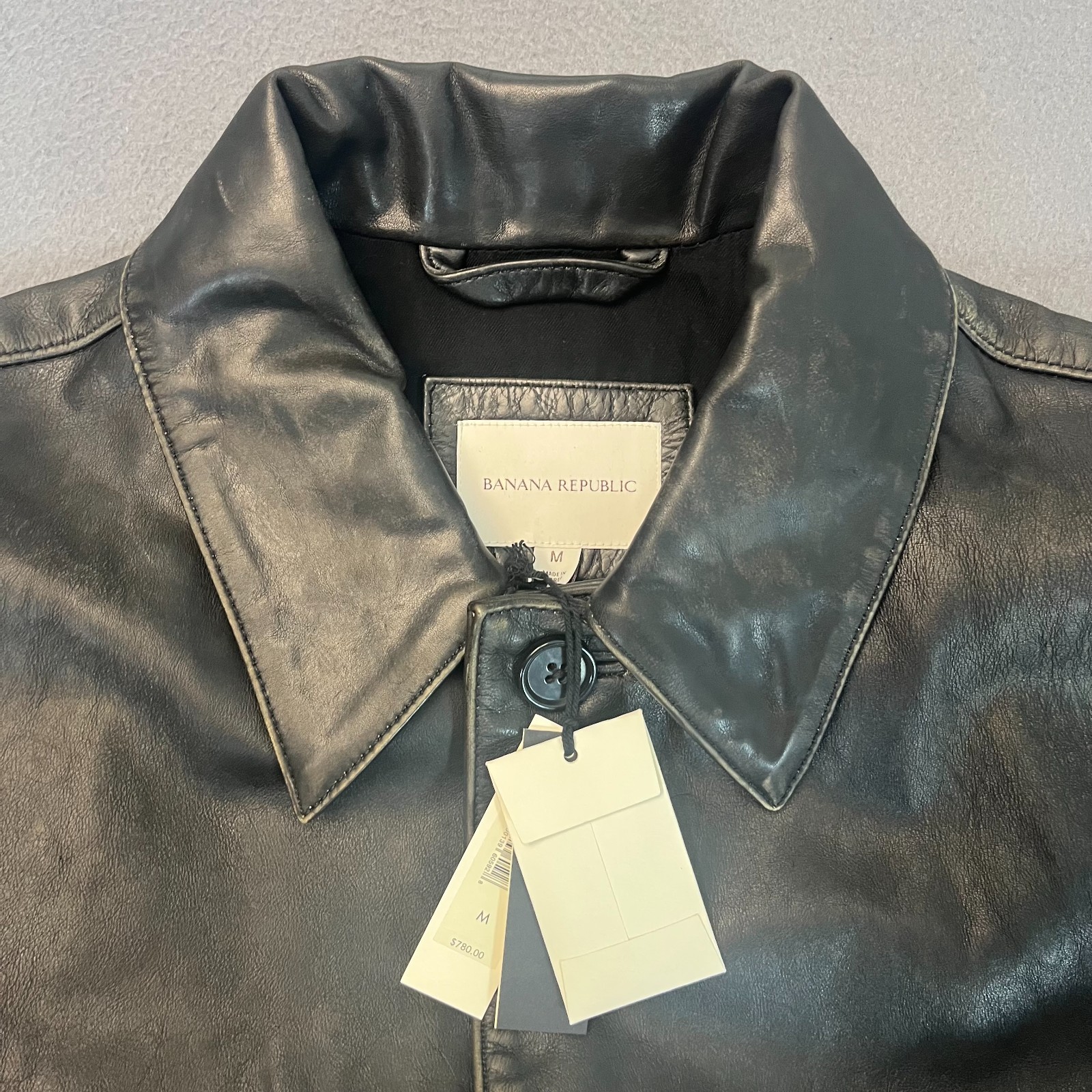 Banana Republic Men's Medium Relaxed Leather Carcoat Black Button Jacket NWT image 3