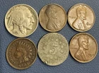 Vintage U.S Coins - Indian Cent + Wheat Cents, Shield + Buffalo Nickel