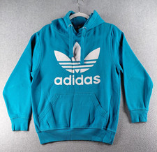 Adidas Women's Hoodie Size M Blue White Pullover Sweatshirt Logo Cotton Blend