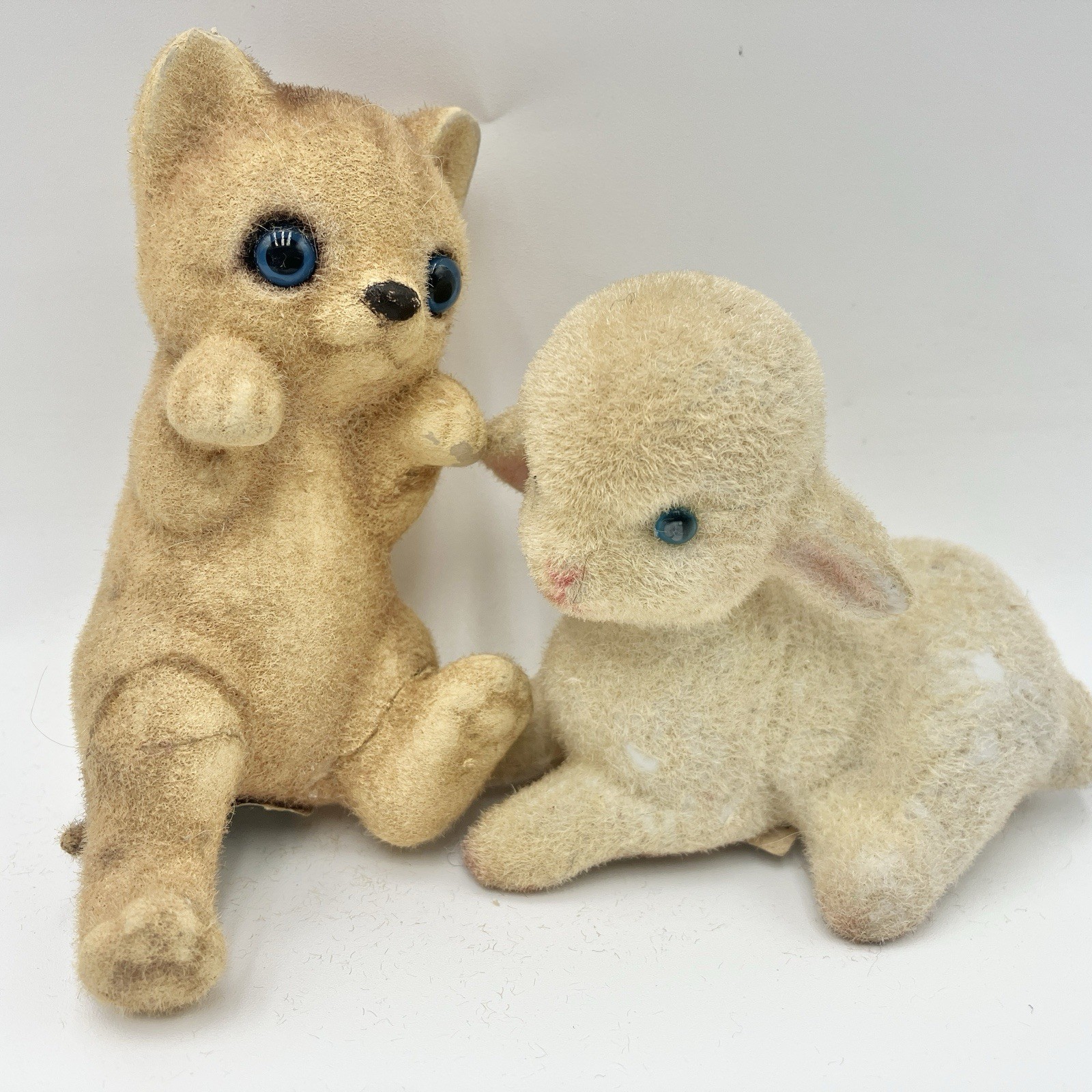 Vtg Flocked Figurines Josef Originals Cat + Lamb Hong Kong Mid Century Japan Lot
