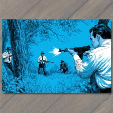 Art Print Blue Forest Men Guns Drawn Intense Shootout Retro Noir Style Surreal