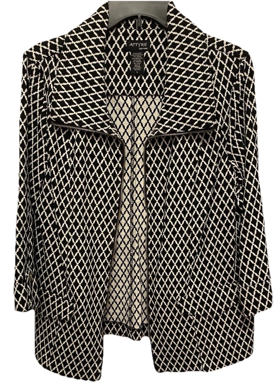 ATTYRE New York Women's 3/4 Sleeve Jacket Diamond Black White Rayon Blend Size L