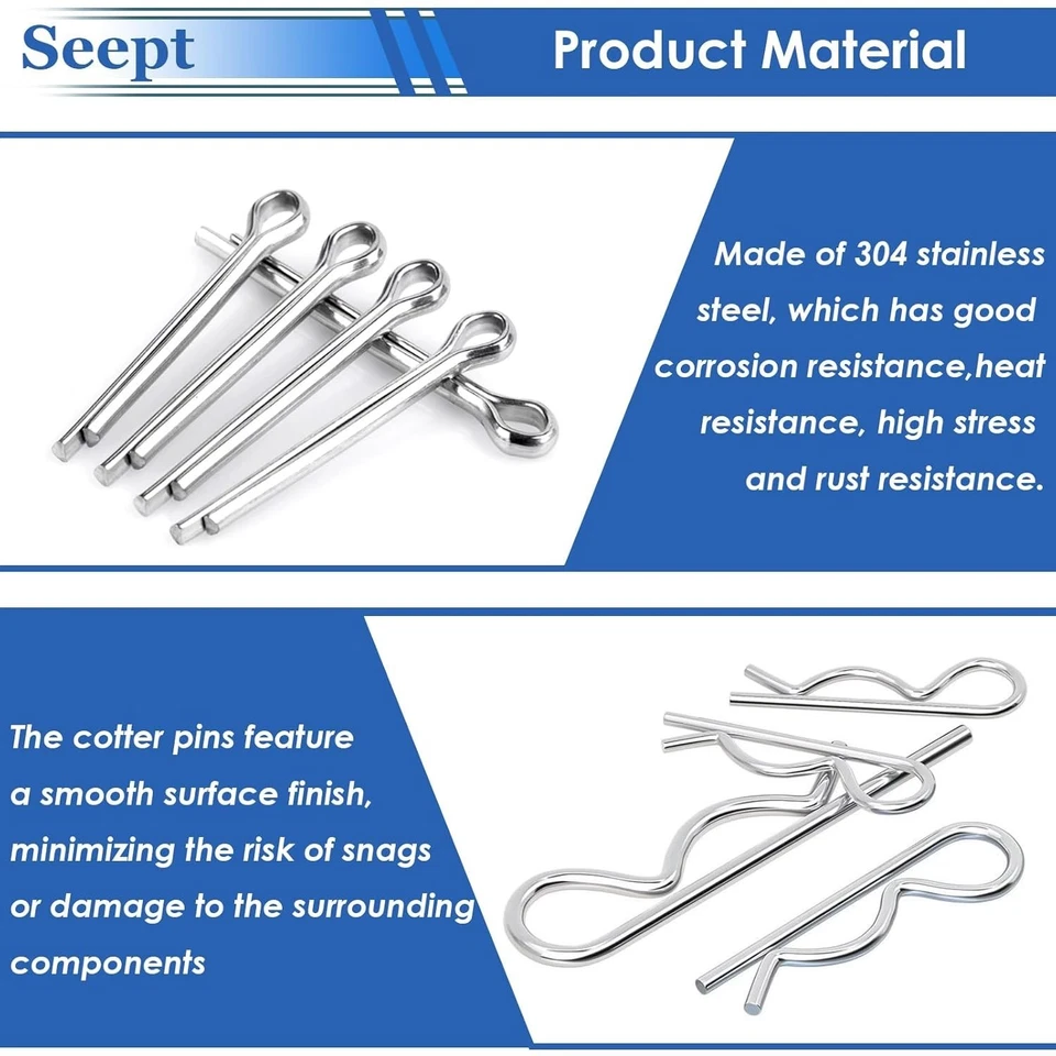 200 peças kit sortido de pinos de contrapino 304 aço inoxidável pino de engate clipe trator nós - Imagem 4 de 4
