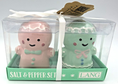 LANG Pastel Gingerbread Man & Girl Salt & Pepper Shaker Set NEW Christmas Pink