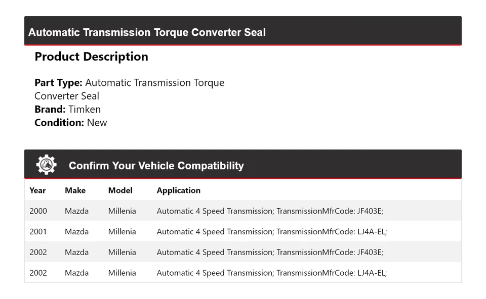 Sello Timken convertidor de par de transmisión automática para Mazda Millenia 2000-2002 Foto 2 de 4