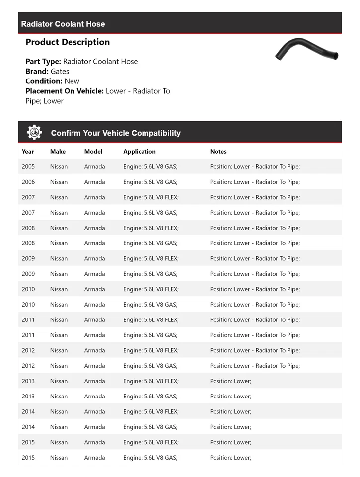 Puertas de manguera de refrigerante de radiador para Nissan Armada 2005-2015 2006 2007 2008 2009 2010 Foto 2 de 4