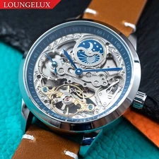 Mens Silver Dual Time Automatic Mechanical Watch Brown Oil Wax Leather