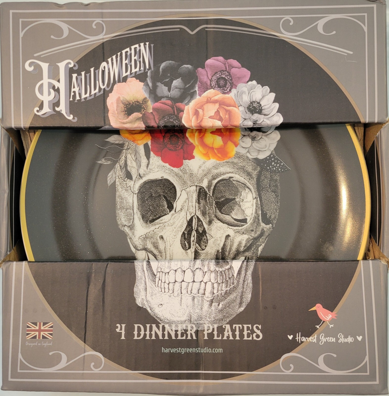 4 pk Harvest Green Studio HALLOWEEN Skull Roses Crown Dinner Plates Black NIB
