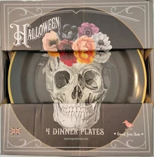 4 pk Harvest Green Studio HALLOWEEN Skull Roses Crown Dinner Plates Black NIB