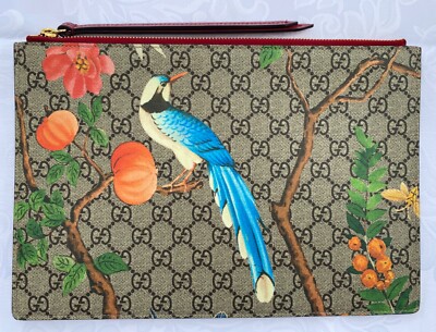 Gucci GG Supreme Monogram Tian Print  Large Zip Pouch New