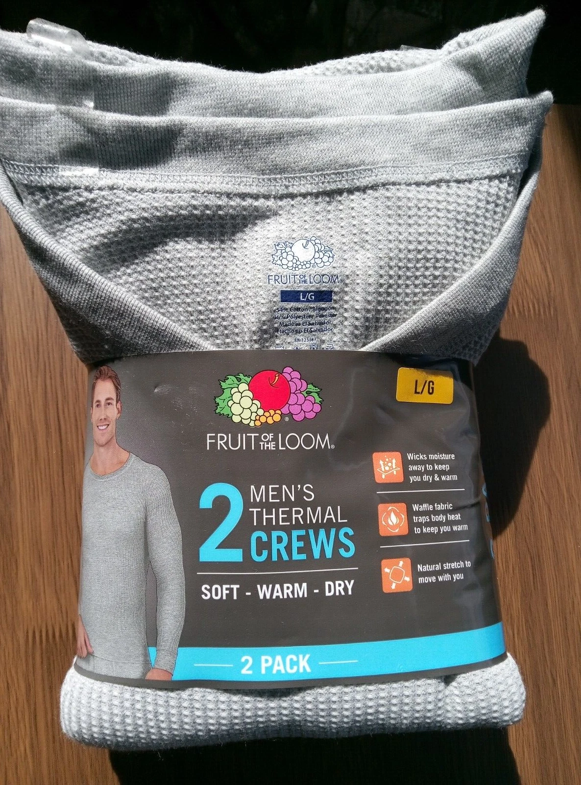 Fruit of the Loom 2 Pack Mens Thermal Crew T Shirt Gray Size Large L