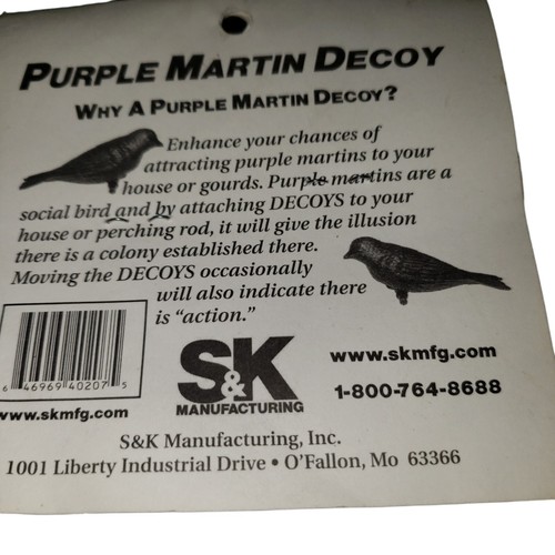Set Of 2 Purple Martin Decoys Birds Plastic S&K Mfg Made USA Cabincore NIP - 第 7/7 張圖片