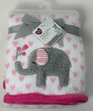 NWT Parents Choice Walmart Pink Grey White Hearts Elephant Plush Baby Blanket