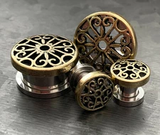 PAIR Burnished Gold Plate Tribal Hearts Top Steel Screw Fit Flesh Tunnels Plugs