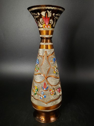 Turkish Gulistan Etched Enameled Copper Metal Vase Angels Floral - Picture 3 of 13