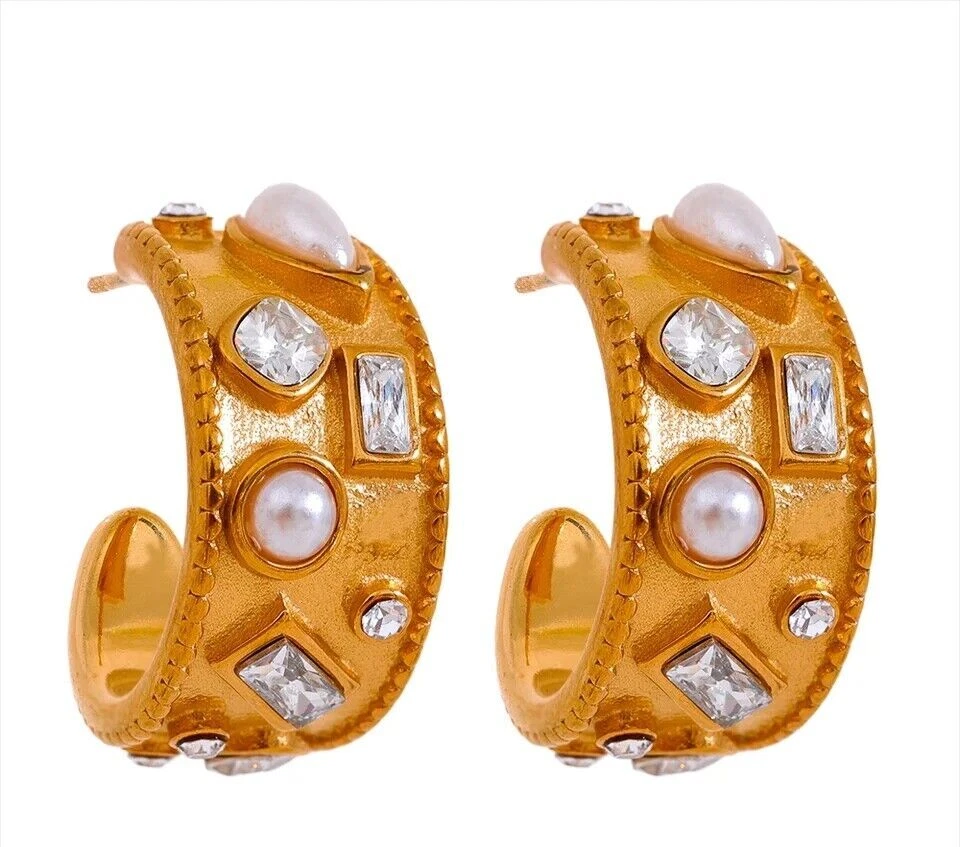 Stud CZ 18k Yellow Gold Plated Fine Hoop Pearls Charm Earrings Jewelry for Women - Image 4 of 4