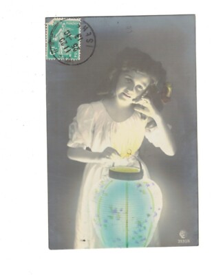 SE1009  WOMAN LONG HAIR WITH BIG ILLUMINATED LANTERN  LAMPION RPPC