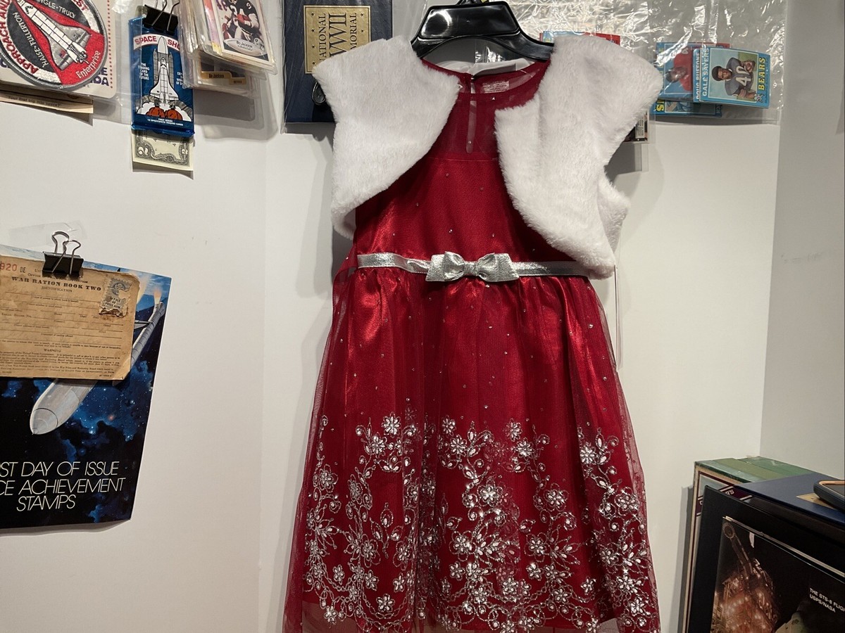 Jona Michelle Girl's Holiday Christmas Dress Red W/White Fur Jacket Sz