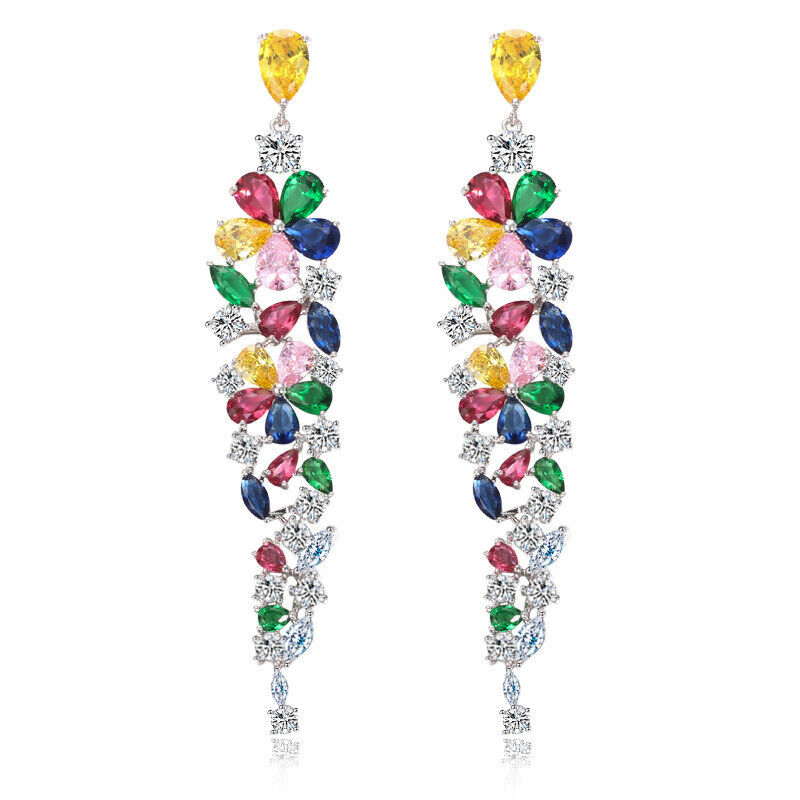 Women Beautiful Flower CZ Crystal Silver Plated Extra Long Drop Wedding Earrings
