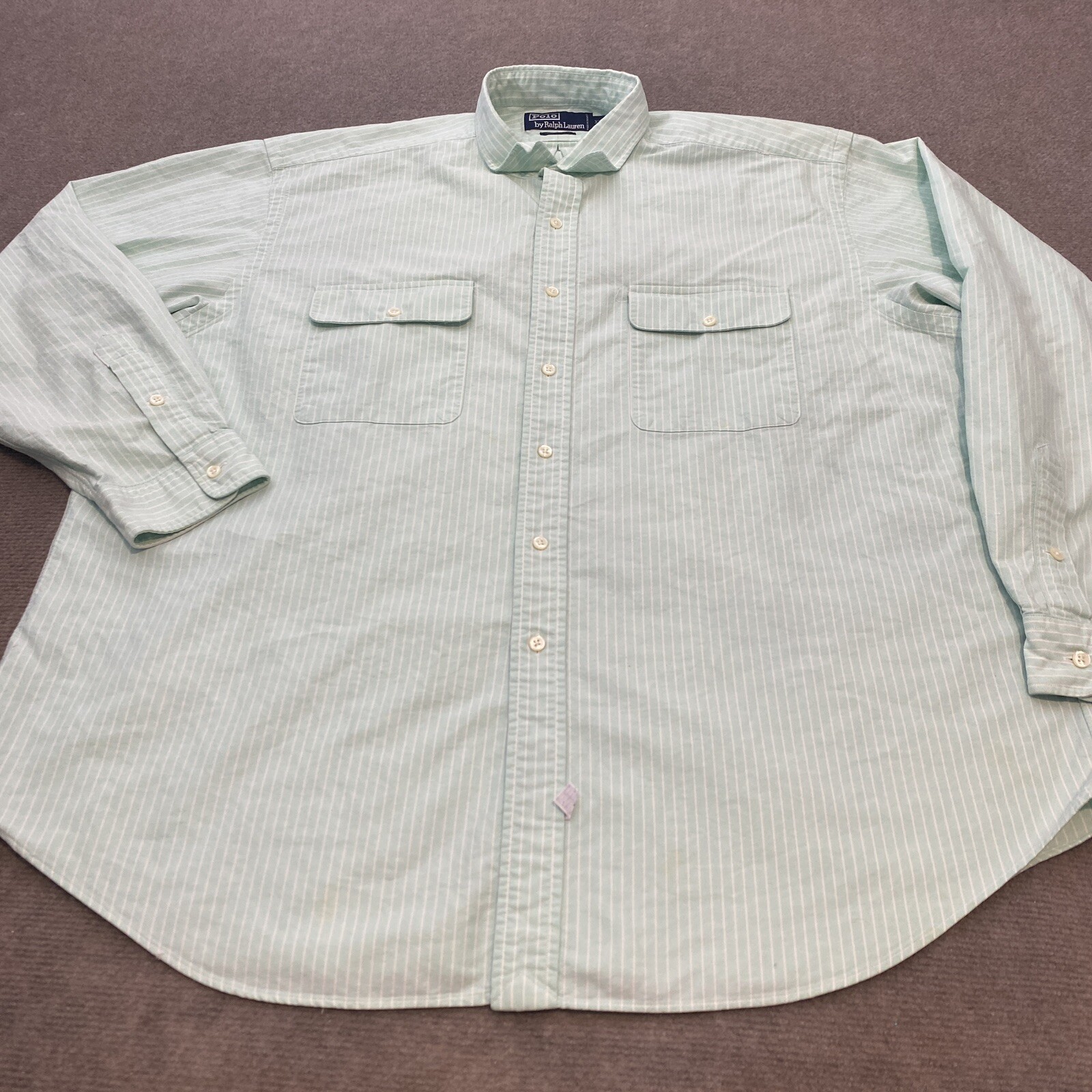 Vintage Ralph Lauren Shirt Mens 2XL Green White Striped Long Sleeve Button Up